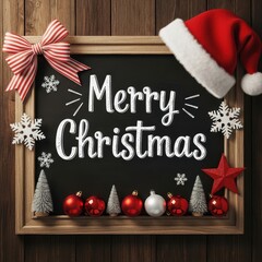 Rustic merry Christmas sign with festive ornaments bow and Santa hat creating warm cozy holiday decor