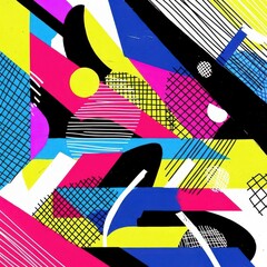 Vibrant geometric abstract artwork bursting with energetic shapes colors and dynamic patterns in bold modern style