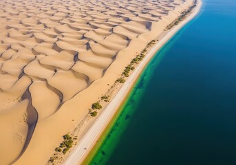 Stunning aerial view of desert meeting turquoise sea forming smooth curved shoreline with vibrant natural contrast