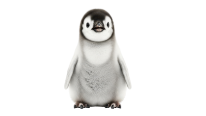 Adorable Fluffy Baby Emperor Penguin Chick Standing and Looking Forward isolated PNG with Transparent Background