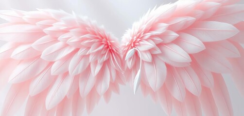 Delicate, translucent angel wings, softly feathered, pastel pink and white,  delicate wings,  pastel wings