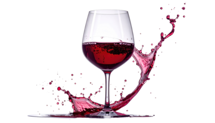 Wineglass holding red liquid splashes elegantly against a dark background, creating a dynamic, watery explosion