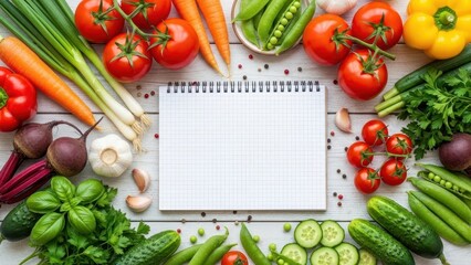 Fresh colorful vegetables surrounding blank notepad creating healthy cooking planning concept with vibrant organic flat lay