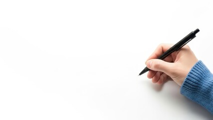 hand holding pen ready to write on clean white background symbolizing ideas planning and creativity
