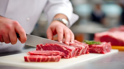 A detailed shot of a chef s hands using a knife to cut fresh raw beef ribs into precise portions on a white cutting board in a busy commercial kitchen