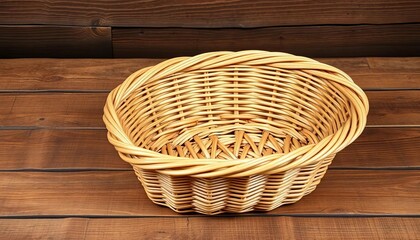 Empty woven wicker basket on rustic wooden surface,   overhead,   detail