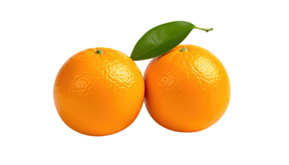 Two ripe oranges sit side-by-side, one adorned with a bright green leaf, against a stark black background