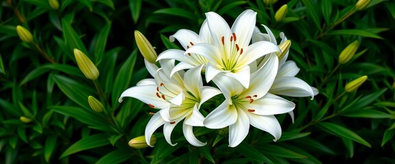 Elegant cluster of pristine white lilies, lush green foliage,  petals,  bouquet