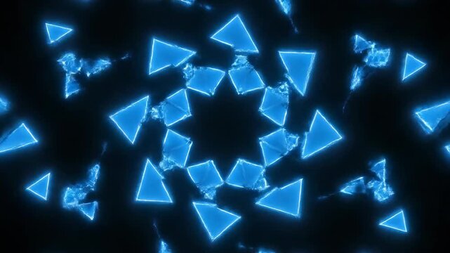 Seamless looping animation of bright blue geometric shapes forming a complex dynamic tessellation pattern across a deep black void digital, reality, visualization