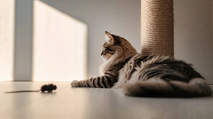 Domestic cat laying on floor and observing toy mouse in sunlight  