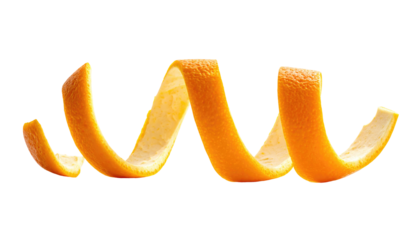 Spiraling orange peel on a black backdrop, creating a playful, citrusy swirl