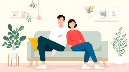 Obraz premium Relaxed couple sitting in thoughtful silence back to back on a comfortable sofa in a cozy modern living room with houseplants and decorative shelves