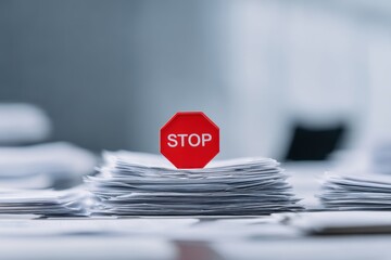 project management execution control. Cluttered desk with a red stop sign amidst piles of paperwork.