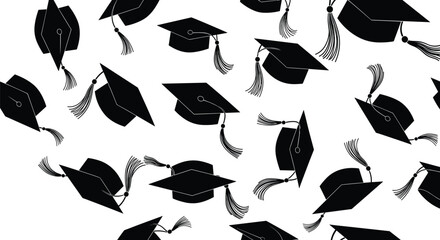 Graduation caps flying in celebration, academic success vector pattern, black mortarboards with tassels, seamless background for education-themed design © Umme
