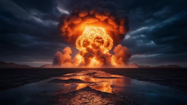 Dramatic nuclear explosion with vibrant mushroom cloud and reflective water surface, depicting the power of atomic energy in a striking landscape