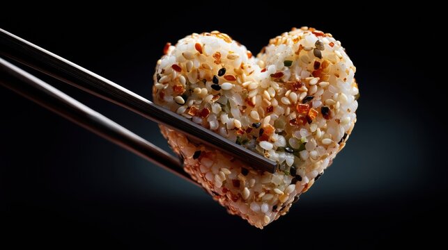 Heart-Shaped Sushi Roll Held by Chopsticks on Dark Background