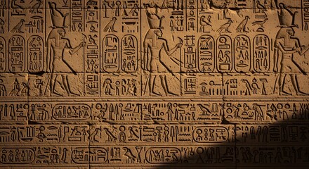 Fototapeta premium Close up of Ancient Egyptian Hieroglyphics on Temple Wall