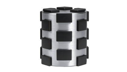 Silver cylinder featuring symmetrically arranged, matte black rectangular elements around its circumference on a black background