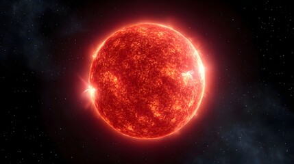 Detailed view of a glowing red star resembling our Sun set against a background of stars and faint cosmic dust showcasing its dynamic surface with prominent solar flares and energetic corona
