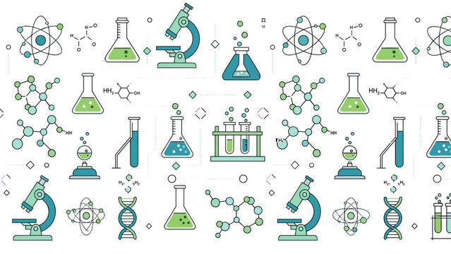 Seamless pattern of chemistry and science icons microscopes, test tubes, flasks, molecules, and atoms