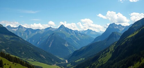 Majestic mountain range with lush green valley,  scenery,  clouds