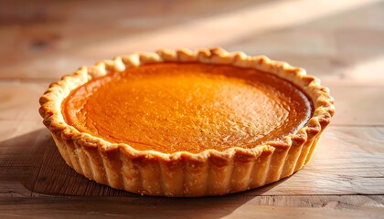 A clean close-up shot of one pumpkin pie on a plain wooden surface