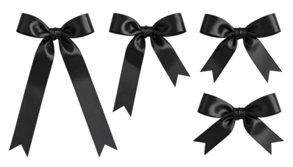 Group of glossy, black satin bows of varying sizes, arranged on a black background, creating a simple and elegant presentation
