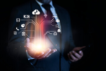 Businessman holding cloud technology for backing up data and sharing data to recipients via the Internet with a data security system.