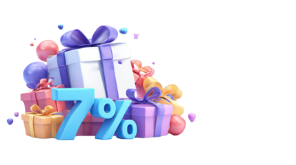 Colorful gift boxes with ribbons surrounding bright 7 percent discount number and festive decorative elements for promotional celebration isolated on white background