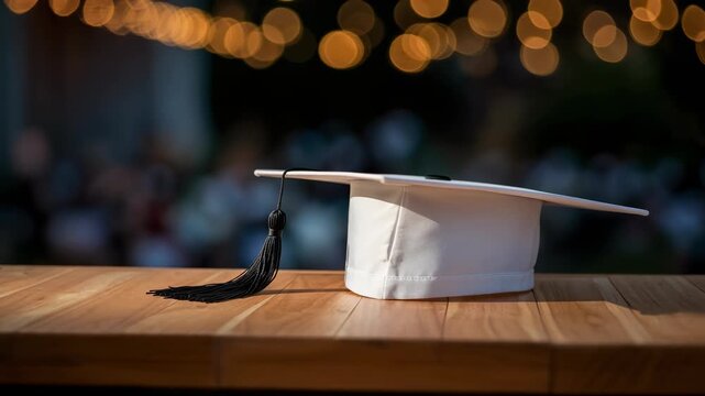 Graduation cap on wooden table with blurred background of celebration lights for a memorable graduation ceremony