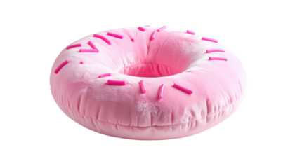 A round donut-shaped object with light pink frosting and scattered pink sprinkles against a dark background