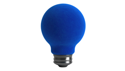 A deep blue, fuzzy light bulb with a silver base is centered on a solid black background