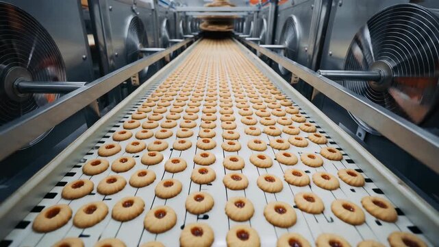 Efficient cookie production line showcasing fresh baked pastries on a conveyor belt in a modern factory setting