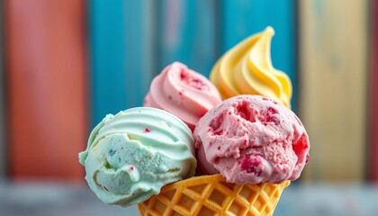 Three scoops of assorted ice cream in a waffle cone,  dairy,  gastronomy