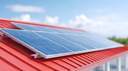 Solar photovoltaic panels mounted on a red metal rooftop harnessing the sun s energy for clean sustainable electricity production