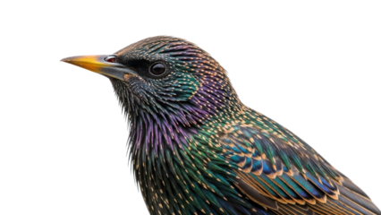 Close-up of a Common Starling bird with vibrant iridescent feathers and yellow beak isolated PNG with Transparent Background