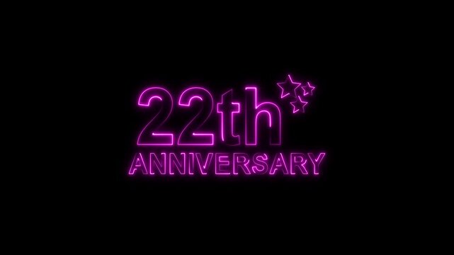 A vibrant purple neon sign illuminates a dark background, proudly displaying 22th anniversary with stylized glowing stars, symbolizing a significant twoyear milestone celebration or event with a moder