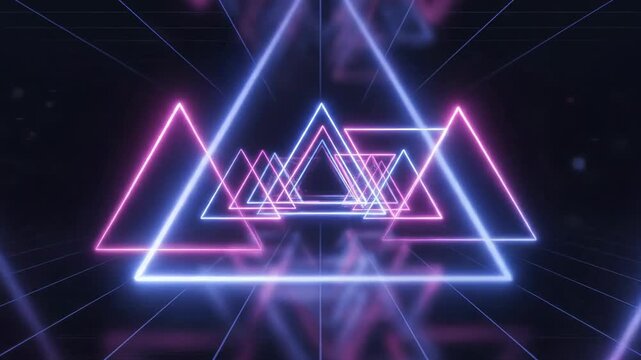 Seamless looping background of vibrant neon blue and pink triangular shapes rotating and pulsing in a dark digital space wallpaper, glowing, vibrant neon blue