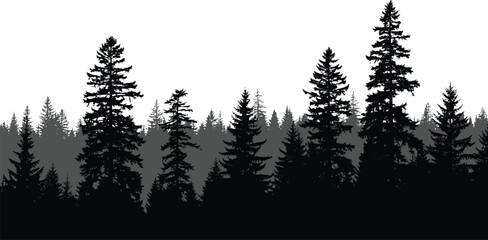 Layered coniferous forest silhouette in black and gray tones, ideal for nature, depth, or landscape-themed vector illustration © Umme