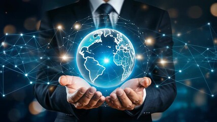 Businessman holding a glowing digital globe representing global connectivity and technology in a modern setting - Powered by Adobe
