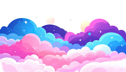 A colorful, dreamy cartoon landscape featuring soft pastel clouds against a dark starry night sky backdrop