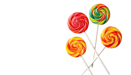 Four lollipops, swirled with vibrant colors, against a dark background, some overlapping, on white sticks