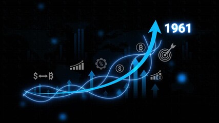 Financial growth chart with upward trend arrow and cryptocurrency symbols in 1961 finance graph