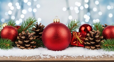 Festive christmas decoration with red ornaments and pine cones