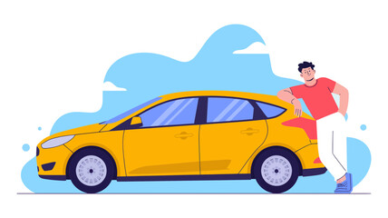 Man happily posing with his new yellow car, representing car ownership, personal transport, and automotive lifestyle on a clean background.