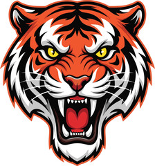 Obraz premium Roaring tiger head vector illustration, fierce wild animal mascot design, aggressive jungle predator artwork, bold symmetrical style, powerful wildlife symbol for branding, tattoo, logo