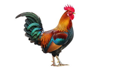 Fototapeta premium Vibrant Colorful Rooster with Bright Red Comb and Wattles Standing isolated PNG with Transparent Background
