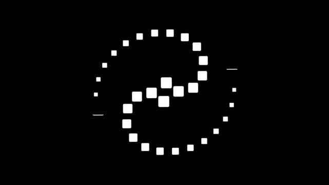 A pair of swirling pixel shapes form an elegant rotating pattern designed to evoke movement, symmetry, and a soft digital rhythm within the composition