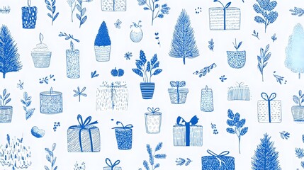 Fototapeta premium Seamless pattern of blue sketchy illust ns depicting Christmas trees festive candles gift boxes with ribbons and potted plants set against a clean white backdrop