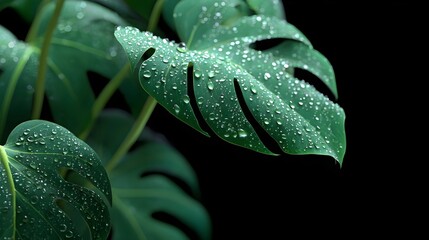 Fototapeta premium Detailed ro view of a Monstera plant s lush green leaves glistening with numerous clear water droplets emphasizing its texture and vibrant color in a dramatic dark setting